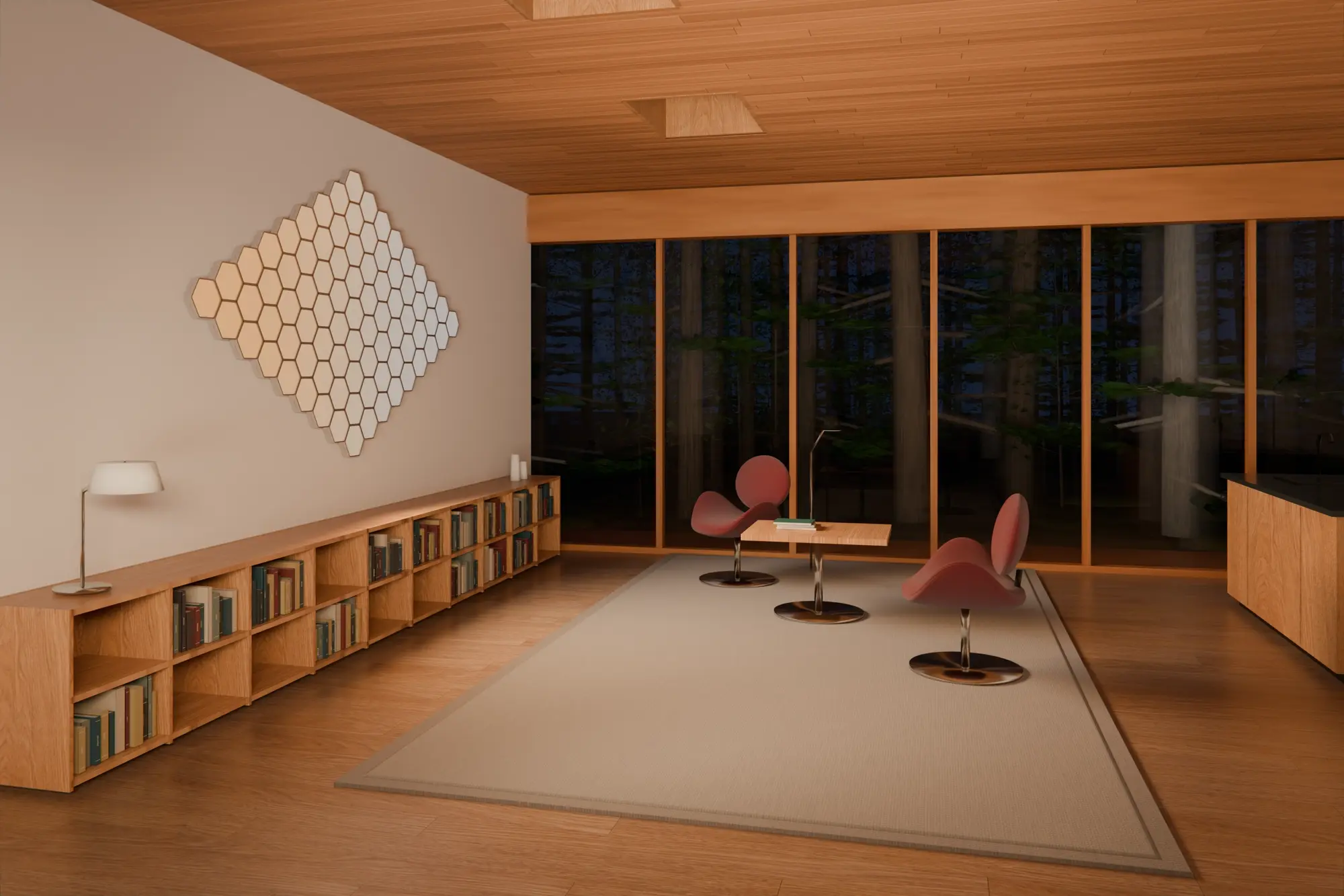 Diamond-shaped Tesel array of hexagonal tiles on the wall of a timber reading room at dusk, shading warm to cool, its light falling across the shelves and floor