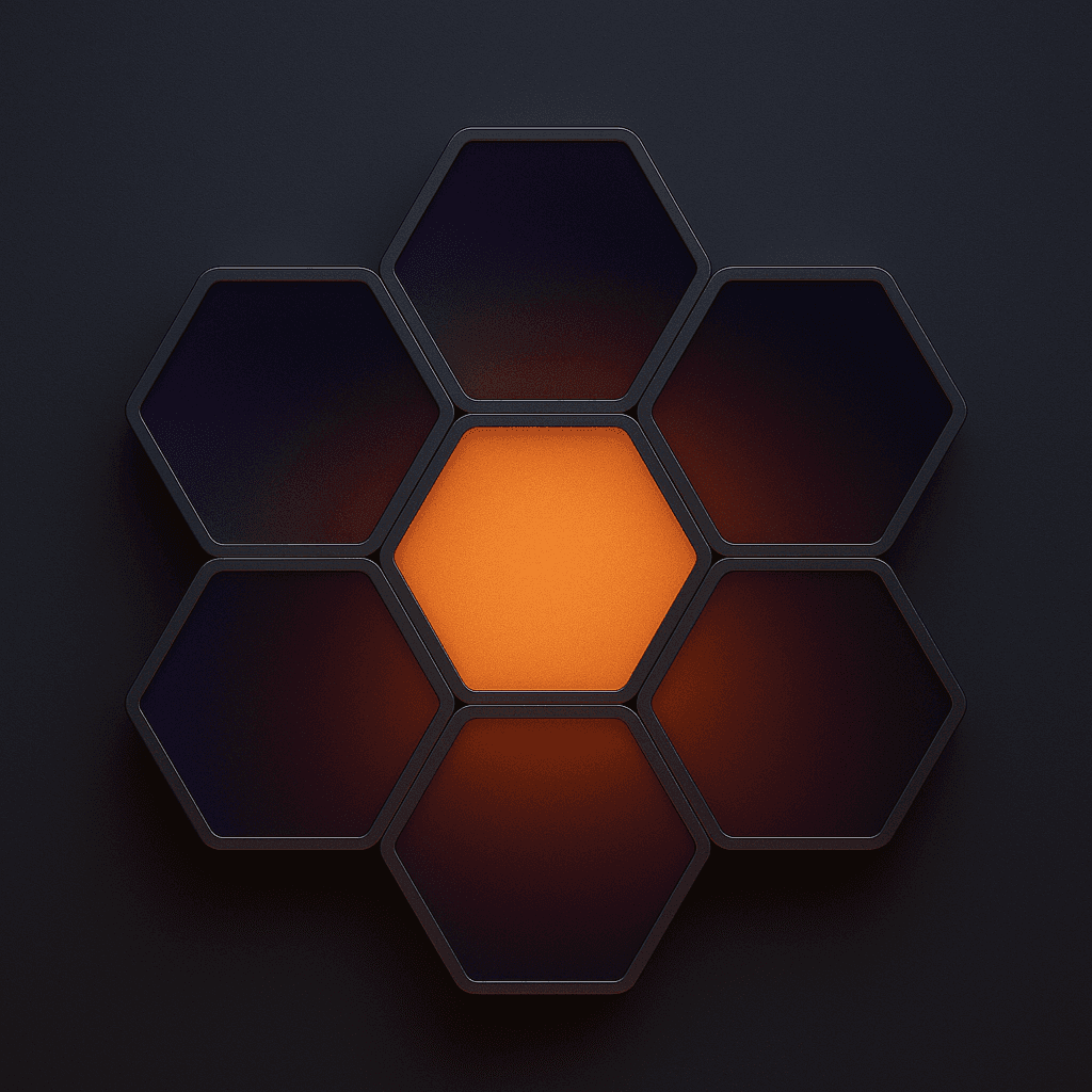 Tesel array at night: seven hexagonal tiles, the centre one lit warm